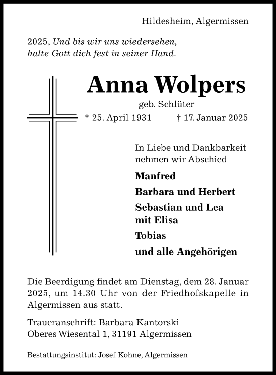 Traueranzeige von Anna Wolpers von Hildesheimer Allgemeine Zeitung