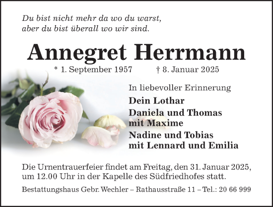 Traueranzeige von Annegret Herrmann von Hildesheimer Allgemeine Zeitung