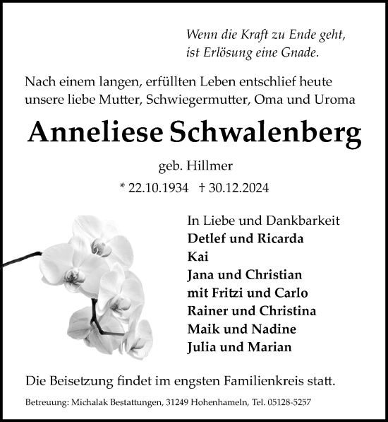 Traueranzeige von Anneliese Schwalenberg von Hildesheimer Allgemeine Zeitung