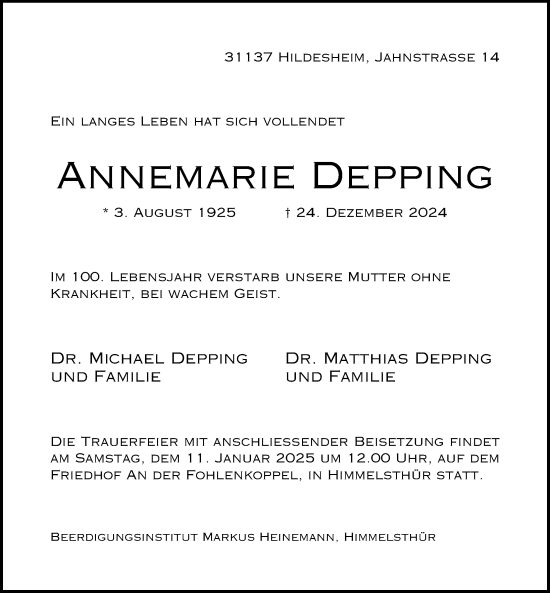 Traueranzeige von Annemarie Depping von Hildesheimer Allgemeine Zeitung