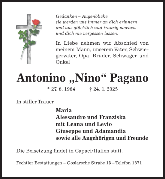 Traueranzeige von Antonino Pagano von Hildesheimer Allgemeine Zeitung