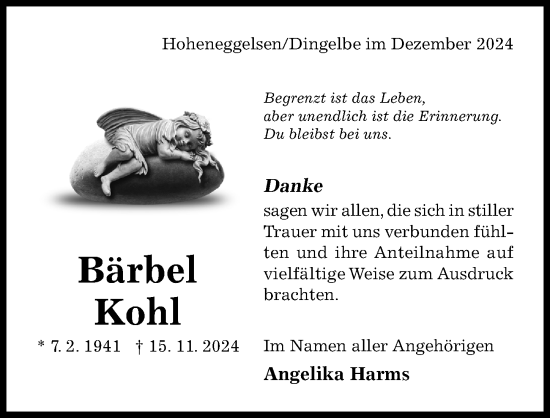 Traueranzeige von Bärbel Kohl von Hildesheimer Allgemeine Zeitung