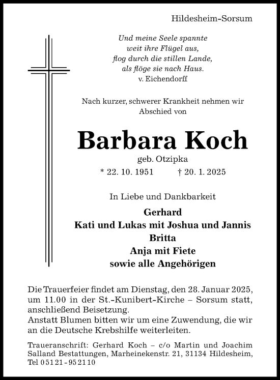 Traueranzeige von Barbara Koch von Hildesheimer Allgemeine Zeitung