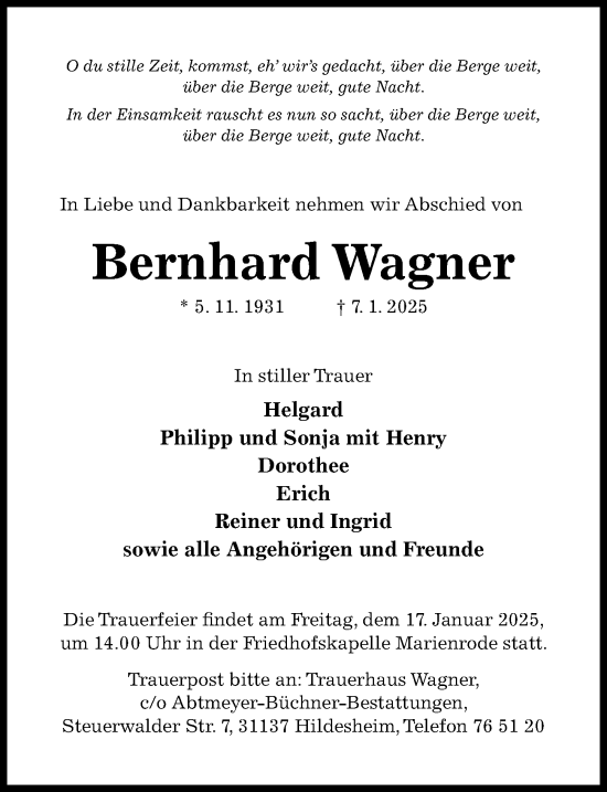 Traueranzeige von Bernhard Wagner von Hildesheimer Allgemeine Zeitung