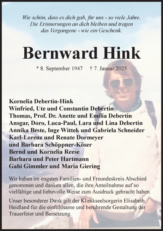 Traueranzeige von Bernward Hink von Hildesheimer Allgemeine Zeitung