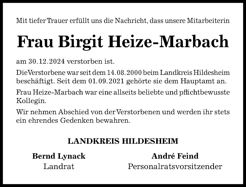  Traueranzeige für Birgit Heize-Marbach vom 04.01.2025 aus Hildesheimer Allgemeine Zeitung