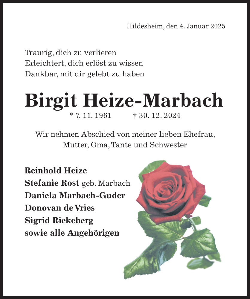  Traueranzeige für Birgit Heize-Marbach vom 04.01.2025 aus Hildesheimer Allgemeine Zeitung