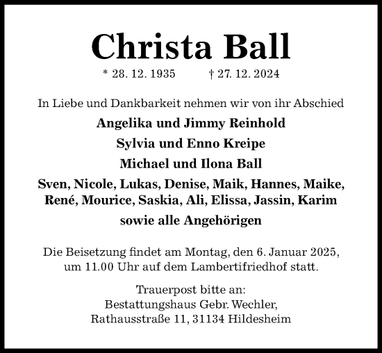 Traueranzeige von Christa Ball von Hildesheimer Allgemeine Zeitung