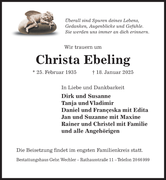 Traueranzeige von Christa Ebeling von Hildesheimer Allgemeine Zeitung