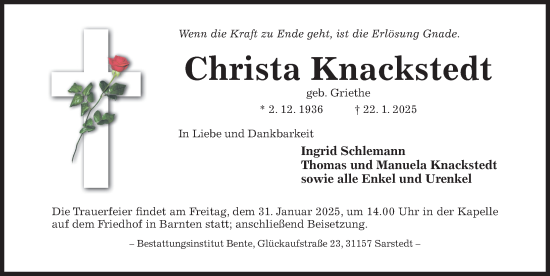 Traueranzeige von Christa Knackstedt von Hildesheimer Allgemeine Zeitung