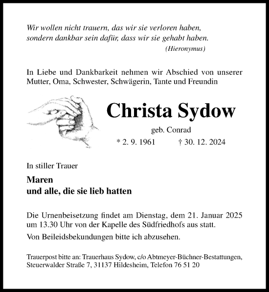 Traueranzeige von Christa Sydow von Hildesheimer Allgemeine Zeitung