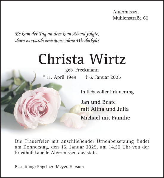 Traueranzeige von Christa Wirtz von Hildesheimer Allgemeine Zeitung