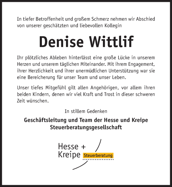 Traueranzeige von Denise Wittlif von Hildesheimer Allgemeine Zeitung