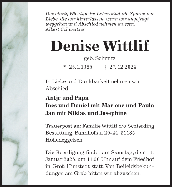 Traueranzeige von Denise Wittlif von Hildesheimer Allgemeine Zeitung