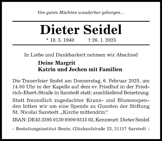 Traueranzeige von Dieter Seidel von Hildesheimer Allgemeine Zeitung