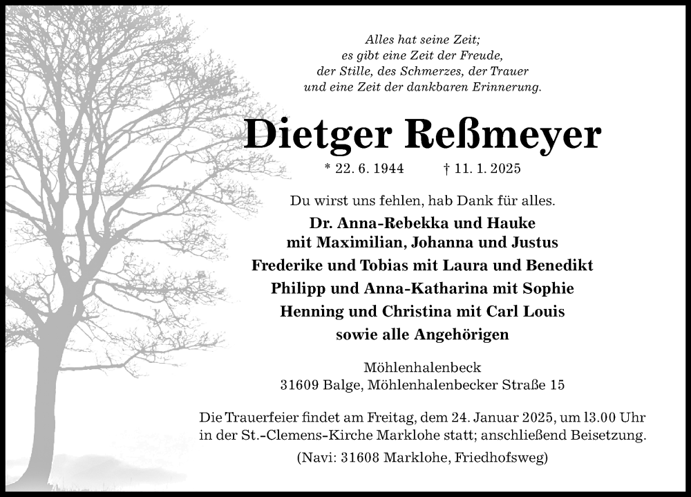  Traueranzeige für Dietger Reßmeyer vom 18.01.2025 aus Hildesheimer Allgemeine Zeitung
