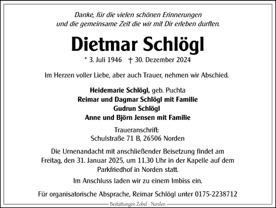 Traueranzeige von Dietmar Schlögl von Hildesheimer Allgemeine Zeitung