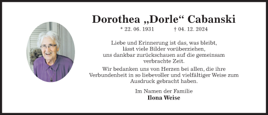 Traueranzeige von Dorothea Cabanski von Hildesheimer Allgemeine Zeitung