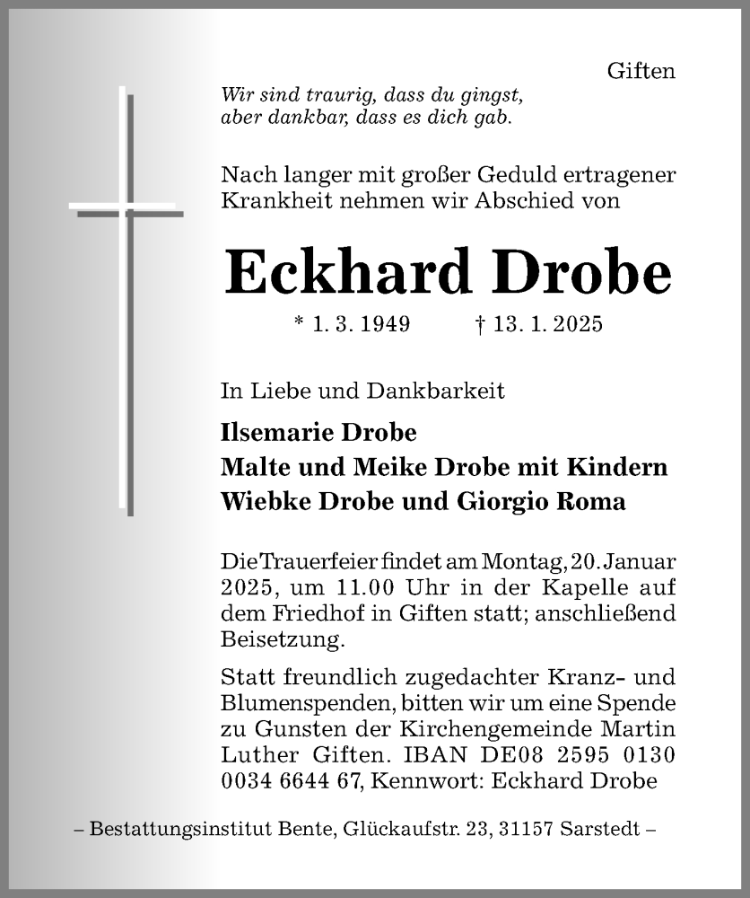  Traueranzeige für Eckhard Drobe vom 15.01.2025 aus Hildesheimer Allgemeine Zeitung