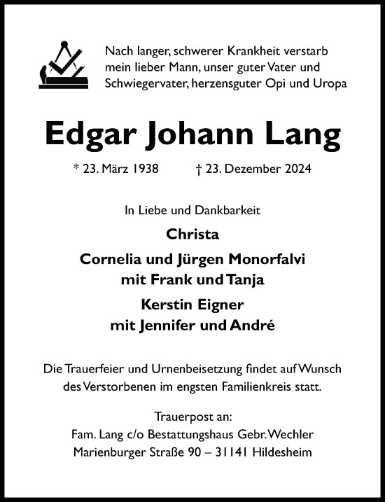 Traueranzeige von Edgar Johann Lang von Hildesheimer Allgemeine Zeitung