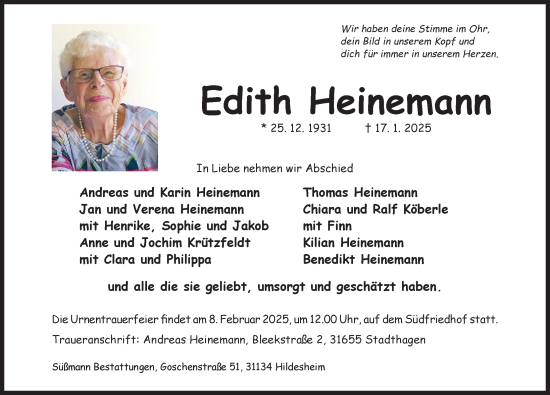 Traueranzeige von Edith Heinemann von Hildesheimer Allgemeine Zeitung