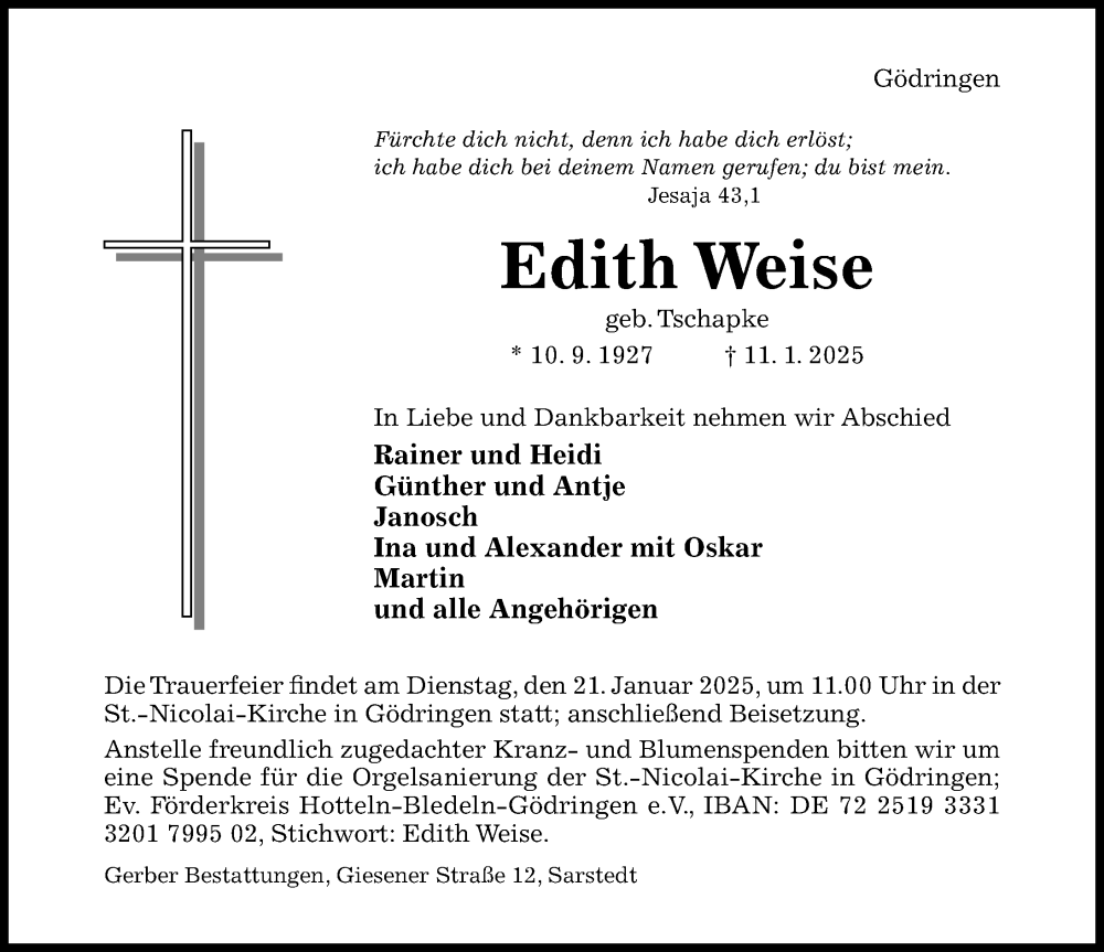  Traueranzeige für Edith Weise vom 18.01.2025 aus Hildesheimer Allgemeine Zeitung