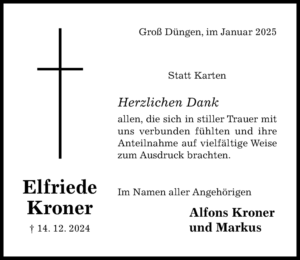  Traueranzeige für Elfriede Kroner vom 22.01.2025 aus Hildesheimer Allgemeine Zeitung