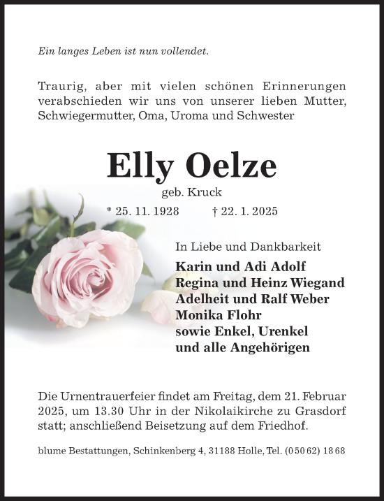 Traueranzeige von Elly Oelze von Hildesheimer Allgemeine Zeitung