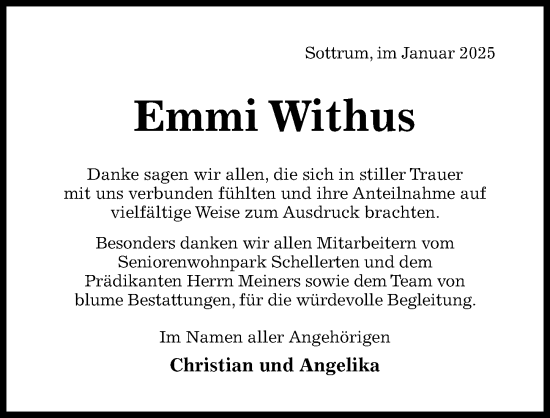 Traueranzeige von Emmi Withus von Hildesheimer Allgemeine Zeitung