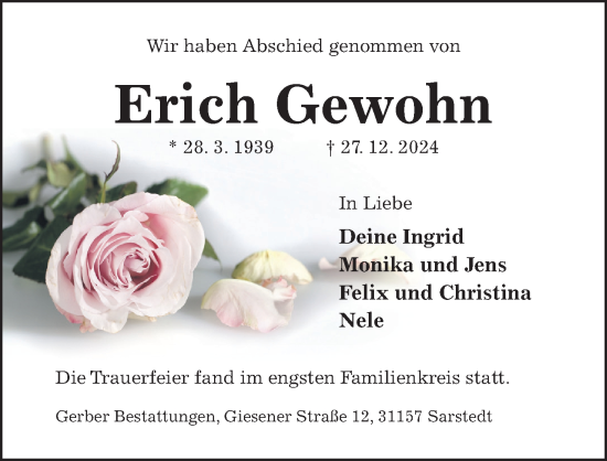 Traueranzeige von Erich Gewohn von Hildesheimer Allgemeine Zeitung
