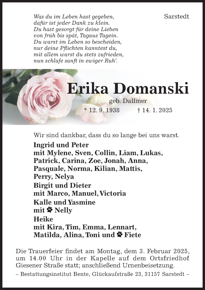  Traueranzeige für Erika Domanski vom 18.01.2025 aus Hildesheimer Allgemeine Zeitung