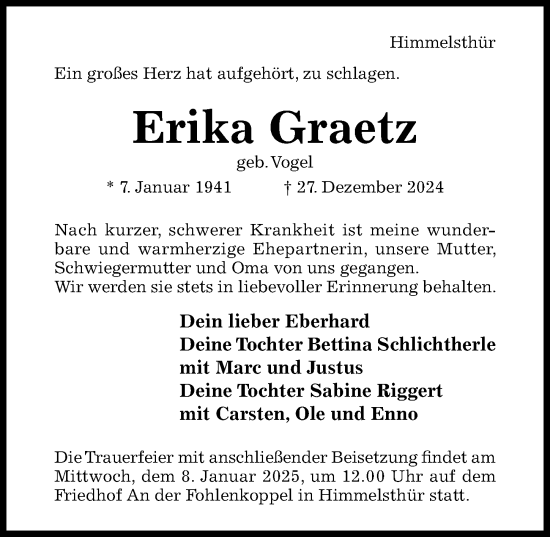 Traueranzeige von Erika Graetz von Hildesheimer Allgemeine Zeitung