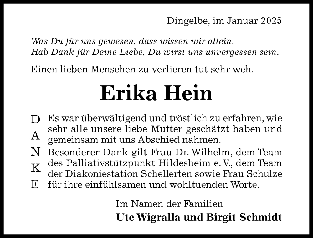  Traueranzeige für Erika Hein vom 08.01.2025 aus Hildesheimer Allgemeine Zeitung