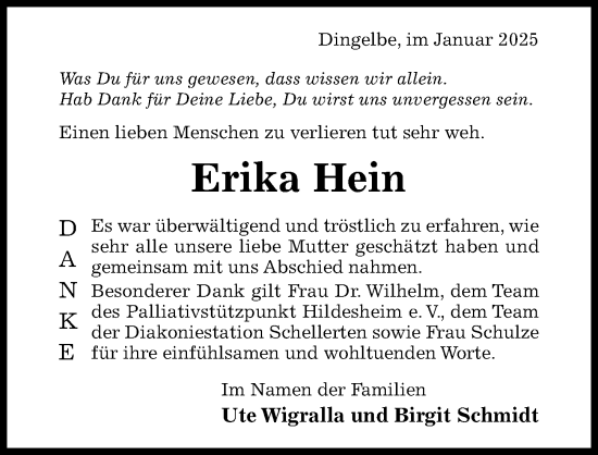 Traueranzeige von Erika Hein von Hildesheimer Allgemeine Zeitung