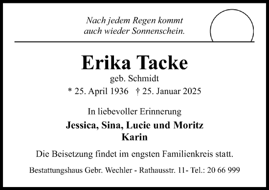 Traueranzeige von Erika Tacke von Hildesheimer Allgemeine Zeitung