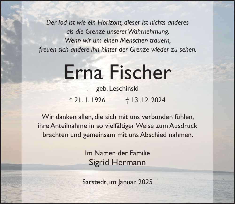 Traueranzeige für Erna Fischer vom 18.01.2025 aus Hildesheimer Allgemeine Zeitung