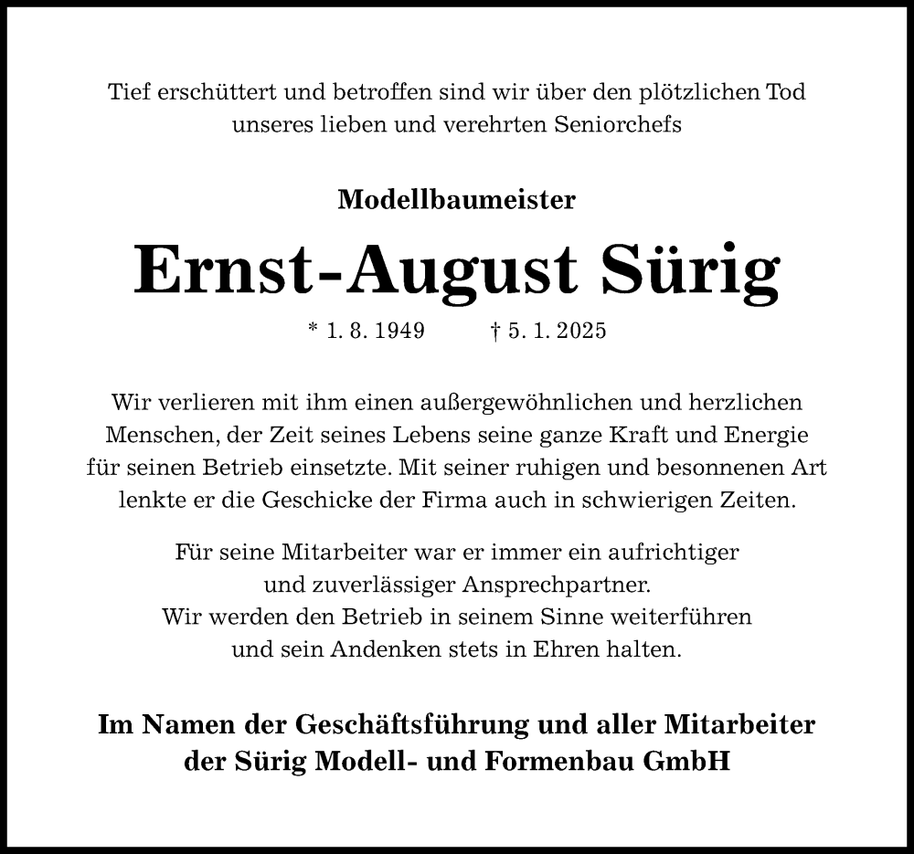  Traueranzeige für Ernst-August Sürig vom 18.01.2025 aus Hildesheimer Allgemeine Zeitung