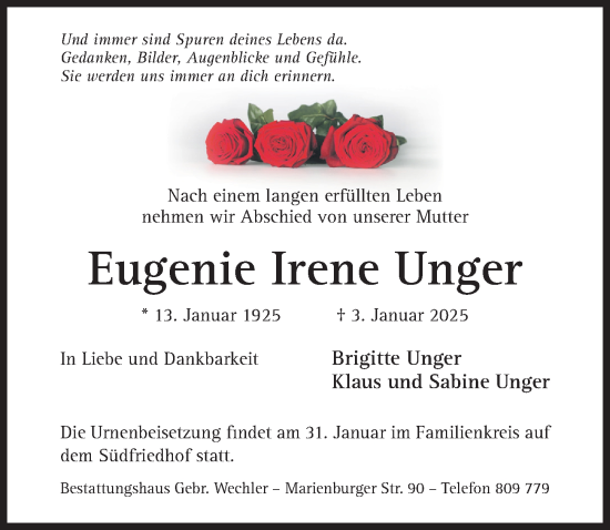 Traueranzeige von Eugenie Irene Unger von Hildesheimer Allgemeine Zeitung
