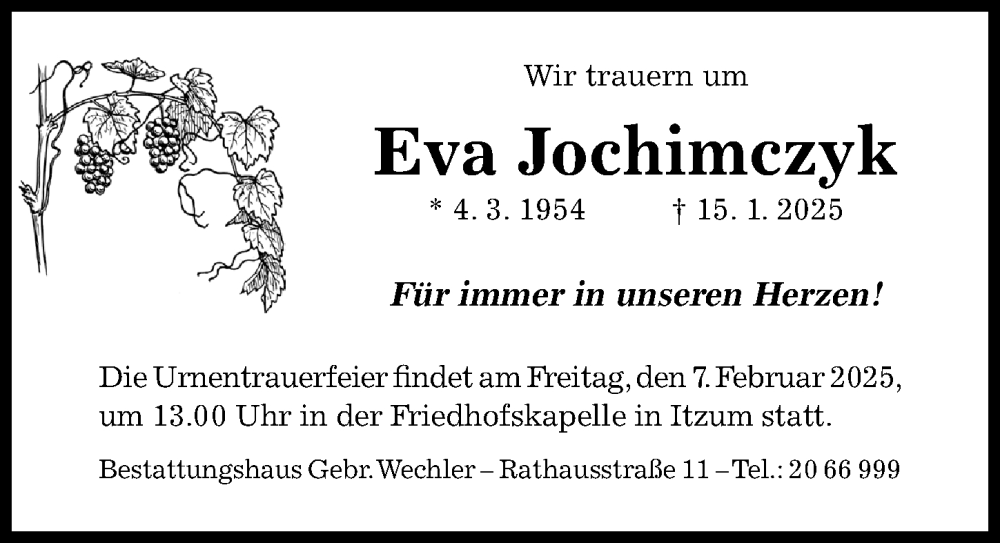  Traueranzeige für Eva Jochimczyk vom 29.01.2025 aus Hildesheimer Allgemeine Zeitung