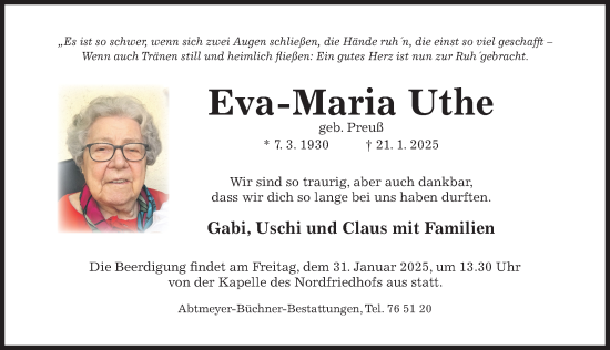 Traueranzeige von Eva-Maria Uthe von Hildesheimer Allgemeine Zeitung