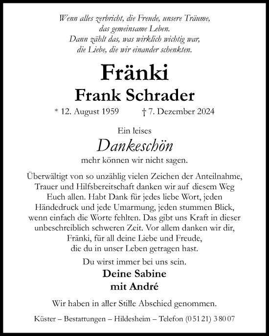 Traueranzeige von Frank Schrader von Hildesheimer Allgemeine Zeitung