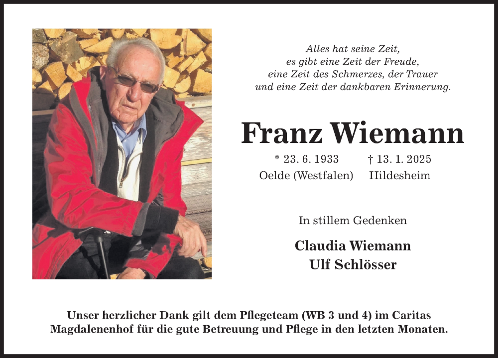  Traueranzeige für Franz Wiemann vom 15.01.2025 aus Hildesheimer Allgemeine Zeitung