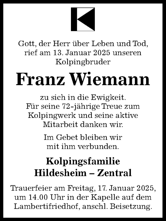 Traueranzeige von Franz Wiemann von Hildesheimer Allgemeine Zeitung