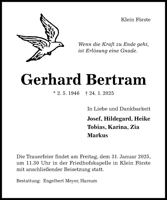 Traueranzeige von Gerhard Bertram von Hildesheimer Allgemeine Zeitung