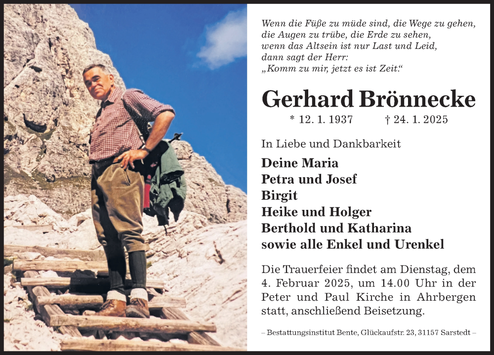  Traueranzeige für Gerhard Brönnecke vom 29.01.2025 aus Hildesheimer Allgemeine Zeitung