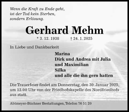 Traueranzeige von Gerhard Mehm von Hildesheimer Allgemeine Zeitung