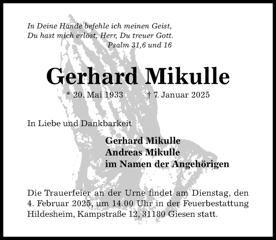 Traueranzeige von Gerhard Mikulle von Hildesheimer Allgemeine Zeitung