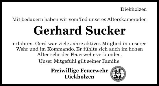 Traueranzeige von Gerhard Sucker von Hildesheimer Allgemeine Zeitung