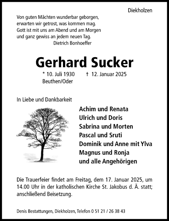 Traueranzeige von Gerhard Sucker von Hildesheimer Allgemeine Zeitung