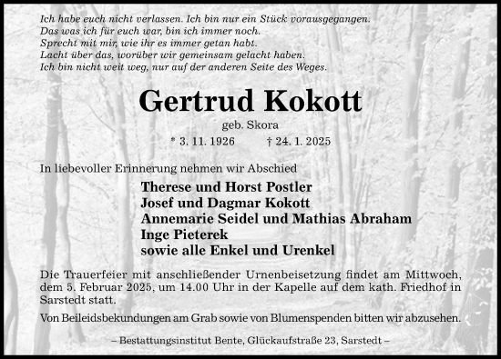 Traueranzeige von Gertrud Kokott von Hildesheimer Allgemeine Zeitung